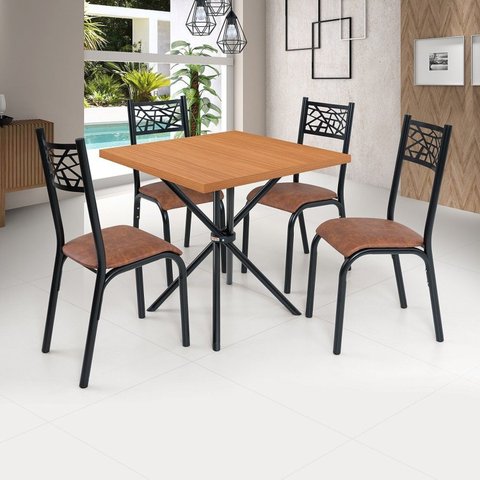 Conjunto de Mesa Jade Tampo Laminado com 4 Cadeiras Marrom/Preto/Caramelo/Freijó