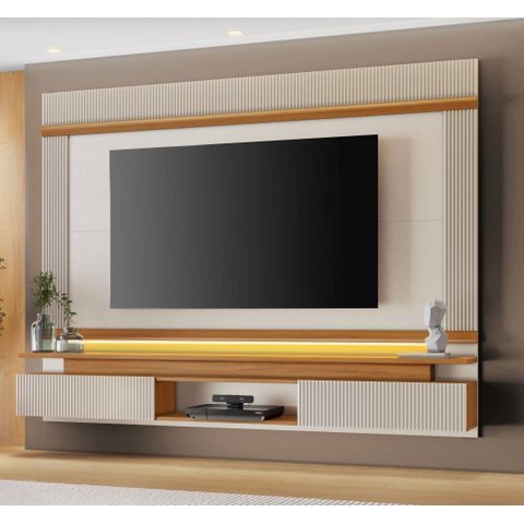 Painel para TV até 75 Polegadas 100% MDF 212,8cmx167,2cm Canelado Branco Off White/Freijó Trend