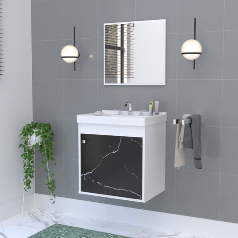 Kit Gabinete Banheiro em MDF com Espelheira Veneto Branco/Preto