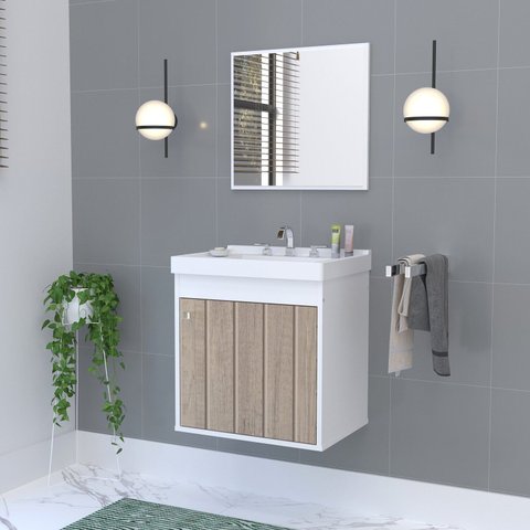 Kit Gabinete Banheiro em MDF com Espelheira Veneto Branco/Berlin