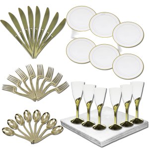 Kit Premium Garfo, Colher, Faca, Taça Acrílico, Guardanapo 32x32cm e Prato Sobremesa Silverplastic