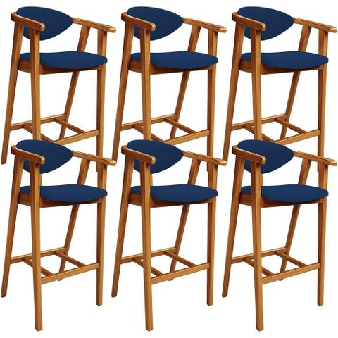 Kit 06 Banquetas Alta Cozinha Bancada Bar Sala de Jantar Fixa Cecília L02 Suede Azul Marinho - Lyam