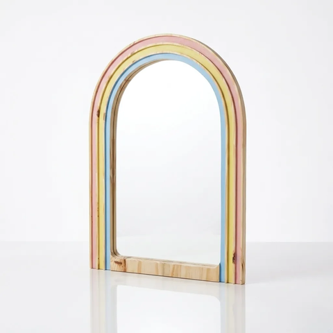 Espelho Arco-íris Infantil em Madeira Natural | Decoração Montessori Premium Quarto Bebê