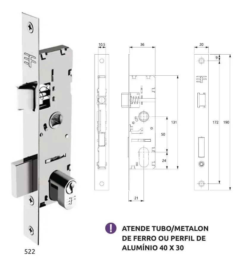 Fechadura 3f Estreita Perfil Alumínio Maçaneta Alavanca Branco - 3
