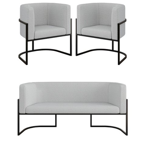 Kit Sofá 2 Lugares + 2 Poltronas Bouclê para Recepção Preto Cor:cinza