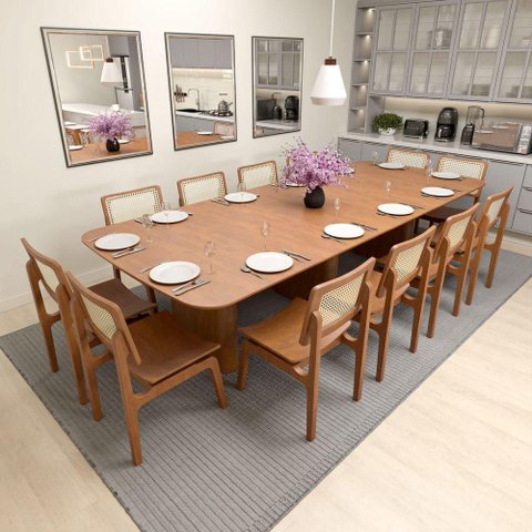 Conjunto de Mesa de Jantar Grand Mesa + Gus 12 Lugares Tampo MDF Lâmina Cinamomo Amêndoa 330x135cm