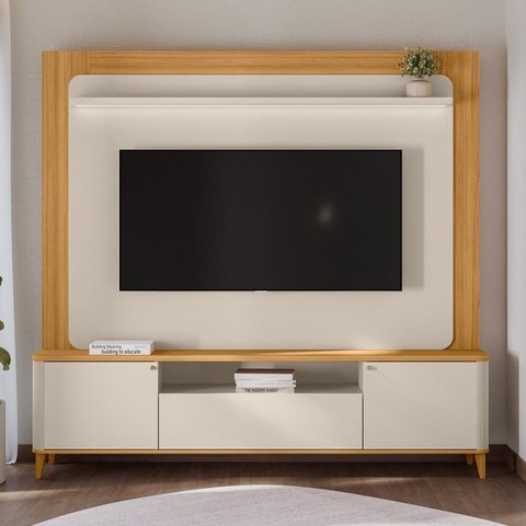 Estante para TV e Home Theater até 70 Polegadas com LED MDF 200CMX190CM Pés em Madeira Maciça LED Munique Branco