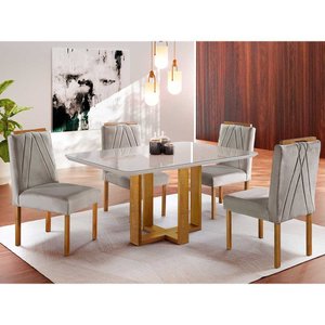 Conjunto Sala de Jantar 4 Lugares em Madeira Maciça Mesa Lisy e Cadeiras Safira Linho Grafite - Móve