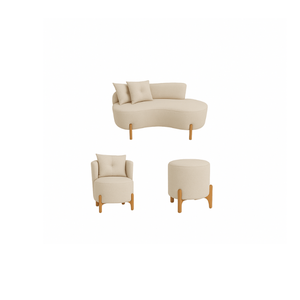 Kit Decorativo Sofá Curvo Orgânico + 01 Puff e Poltrona Luna Boucle Bege - Montanaris Decor
