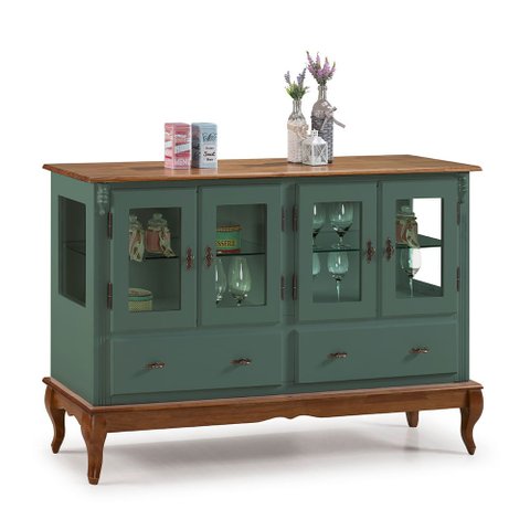 Buffet Aparador 4 Portas 2 Gavetas Prateleiras em Vidro 60510 Linz Móveis - Verde Musgo/imbua Glazer