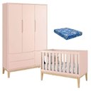 Ver imagem 1 de Berço Americano com Colchão e Guarda Roupa Classic 3 Portas Rosa Pés Madeira Natural - Reller