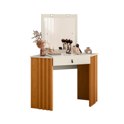 Penteadeira Glitter Premium de Canto Moderna Maquiadora Elegante Espelho Luxo Cor Branco/nature
