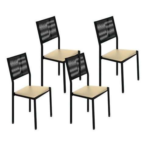 Kit 4 Cadeiras Maia Corino Creme e Fibra Nautica Preta Tubo Martelado