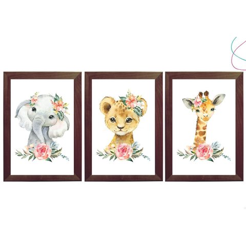 Quadros Decorativos Quarto de Menina Animais Aquarela:tabaco