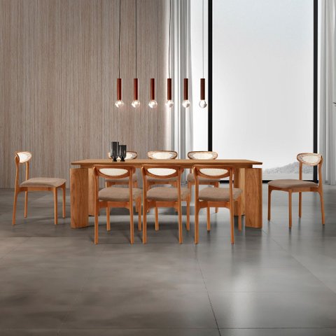Sala de Jantar Mesa Nala 220cm Tampo Laminado Canto Moeda com 8 Cadeiras Noronha Premium