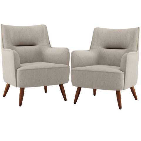 Kit 02 Poltronas Decorativa Fixa Pés de Madeira Isabella D02 Linho Bege C-107 - Lyam Decor