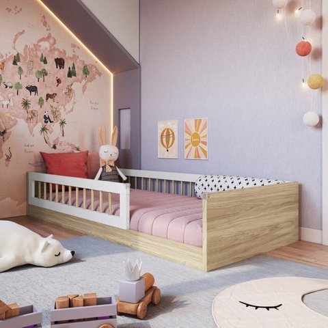 Cama Montessoriana de Solteiro Linha Affetto com Colchão Incluso Branco/Aveiro Oak