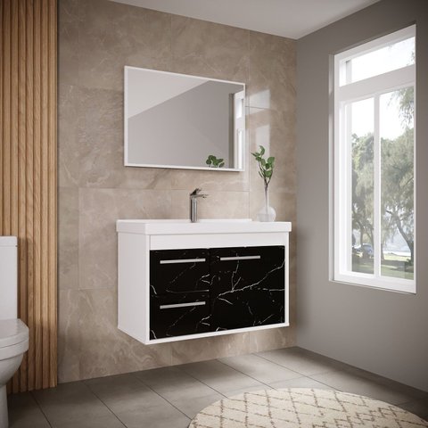 Conjunto Gabinete de Banheiro em MDF com Espelheira Potenza Branco/Preto