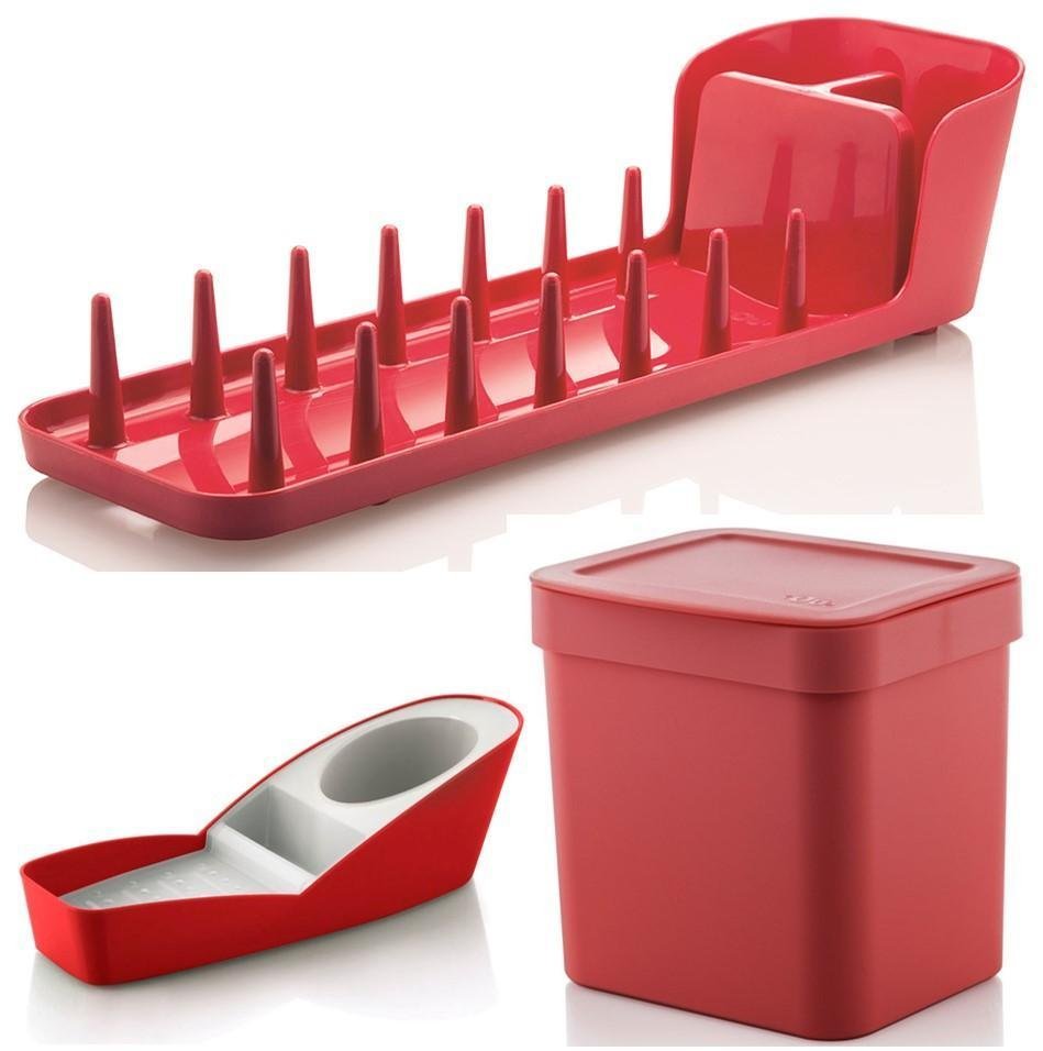 Kit Cozinha Escorredor Porta Detergente Lixeira - Vermelho - 1