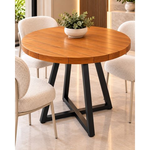 Mesa de Jantar Redonda 70cm em Madeira Maciça e Pé de Ferro 4 Lugares