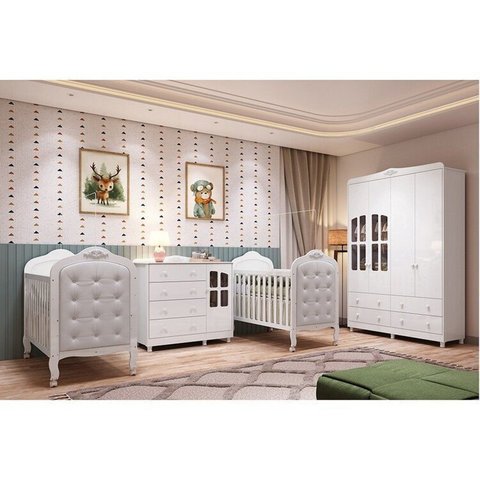 Quarto de Bebê Gêmeos 2 Berços Capitonê Guarda-Roupa e Cômoda Maya Clássico 100% MDF Espresso Móveis Branco/Brilho