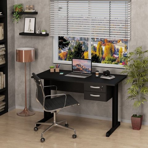 Mesa de Escritório Pé Metálico com Gaveteiro 120cm Preto