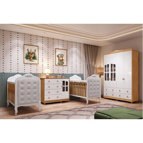 Quarto de Bebê Gêmeos 2 Berços Capitonê Guarda-Roupa e Cômoda Maya Clássico 100% MDF Espresso Móveis Branco/Brilho/Amêndoa