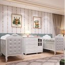 Ver imagem 1 de Quarto de Bebê Gêmeos 2 Berços com Capitonê e Cômoda Janelada 100% MDF Maya Clássico Espresso Móveis Branco/Brilho