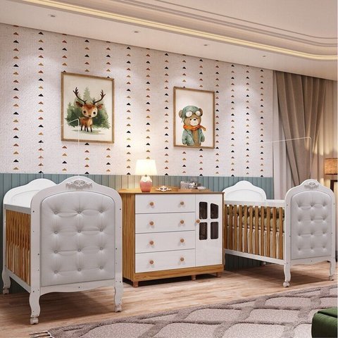 Quarto de Bebê Gêmeos 2 Berços com Capitonê e Cômoda Janelada 100% MDF Maya Clássico Espresso Móveis Branco/Brilho/Amêndoa