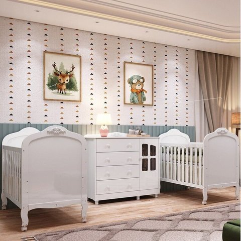 Quarto de Bebê Gêmeos 2 Berços e Cômoda Janelada 100% MDF Maya Clássico Espresso Móveis Branco/Brilho