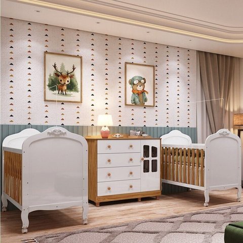 Quarto de Bebê Gêmeos 2 Berços e Cômoda Janelada 100% MDF Maya Clássico Espresso Móveis Branco/Brilho/Amêndoa