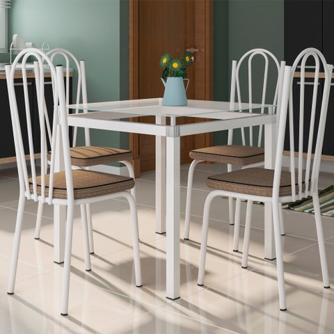 Conjunto De Mesa Malva Com 4 Cadeiras Tampo De Vidro 75cm Branco Assento Rattan Artefamol 10005 - AS