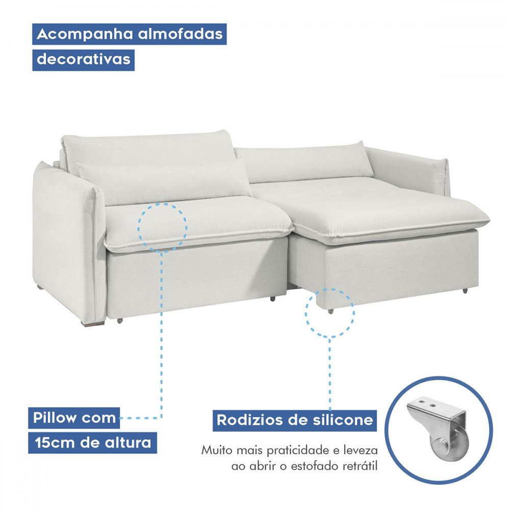 Sofá Cama 3 Lugares Aurora Retrátil Boucle Gelo - Celflex - 6
