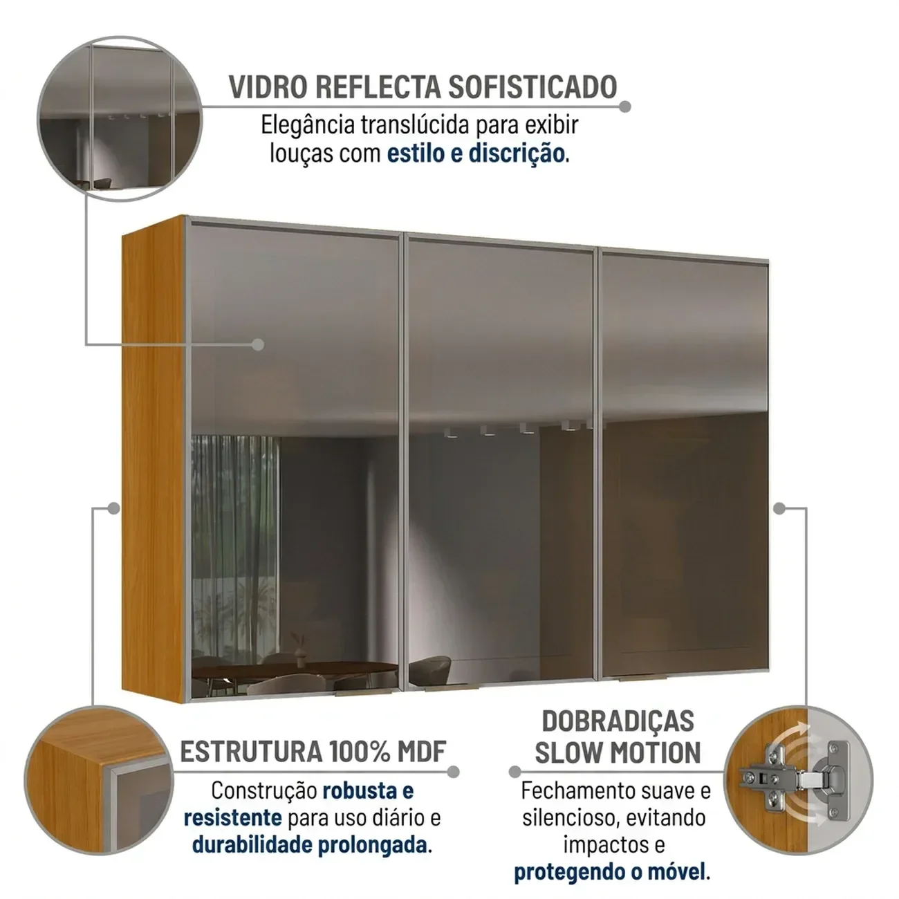 Ver imagem 6 de Armário de Cozinha Aéreo 100%MDF 3 Portas com Reflecta 120cm Lúmina Itatiaia Cinamomo/Fendi Cinza