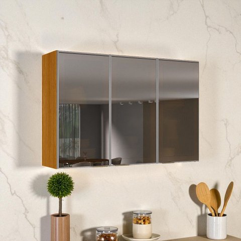 Armário de Cozinha 3 Portas 120cm Vidro Reflecta 100% MDF Dobradiças Slow Motion Lúmina Itatiaia Cinza/Cinamomo/Fendi