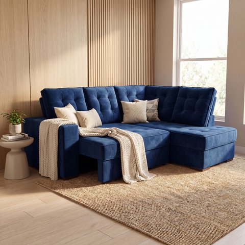 Sofá de Canto Retrátil e Reclinável 5 Lugares Veludo Azul Munique Gold 220cm