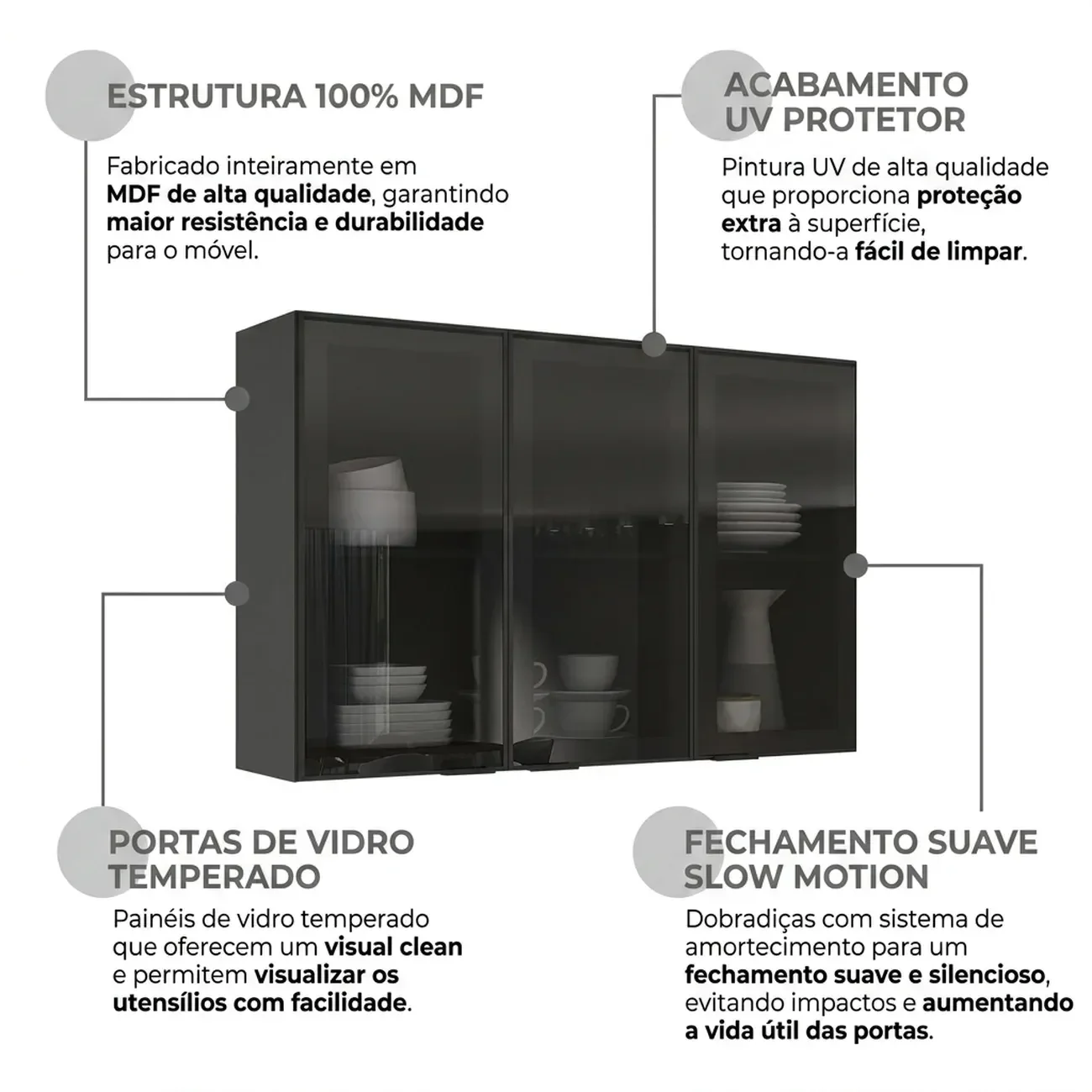 Ver imagem 5 de Armário de Cozinha Aéreo 100%MDF 3 Portas de Vidro 120cm Lúmina Itatiaia Cinamomo/Grafite