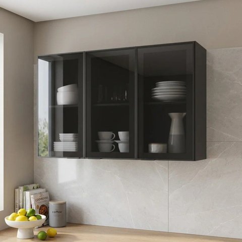 Armário de Cozinha Aéreo 100%MDF 3 Portas de Vidro 120cm Lúmina Itatiaia Cinamomo/Grafite