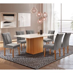 Mesa Elis 1,70x0,90 com 6 Cadeiras Elis Tampo Slim Plus Vidro Off White Cel Móveis Cinamomo/off Whit - 1