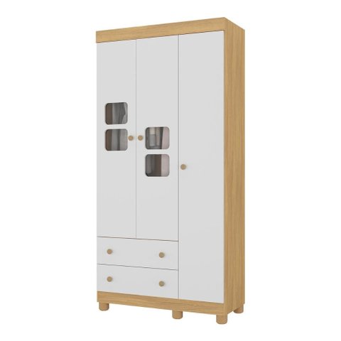 Guarda-roupa Infantil 92cm com Vidro 3 Portas e 2 Gavetas Sol Multimóveis Mp4419 Madeirado/branco