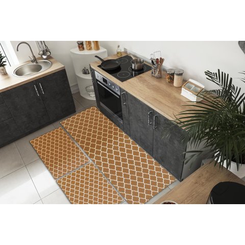 Kit Tapetes e Passadeira De Cozinha 3 Peças Antiderrapante Arabesco Geométrico Caramelo e Cru