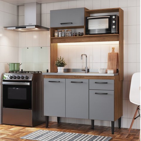 Armário de Cozinha Compacta 4 Portas 1 Gaveta Naty Cinza/Freijo