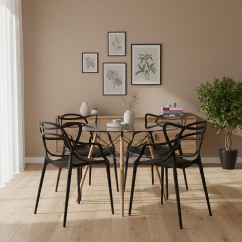 Conjunto Mesa Eames Vidro 90cm + 4 Cadeiras Allegra Seat&Co