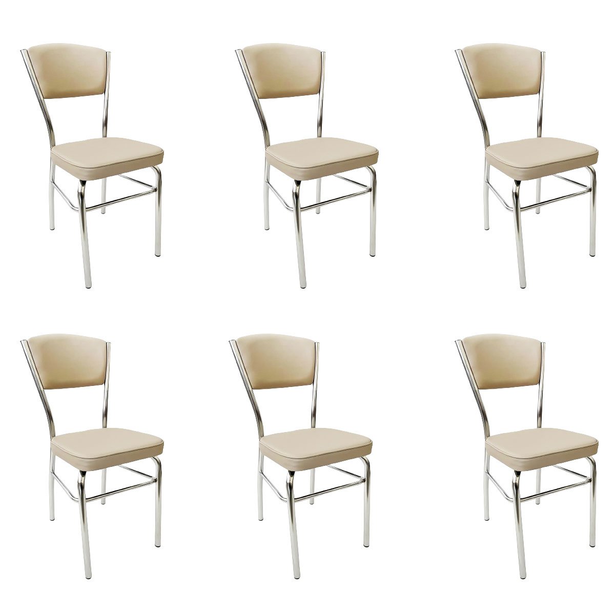 Conjunto 6 Cadeiras Cozinha Reforço Cromada Assento Grosso Confortável Encosto Estofado Cor Fendi Po