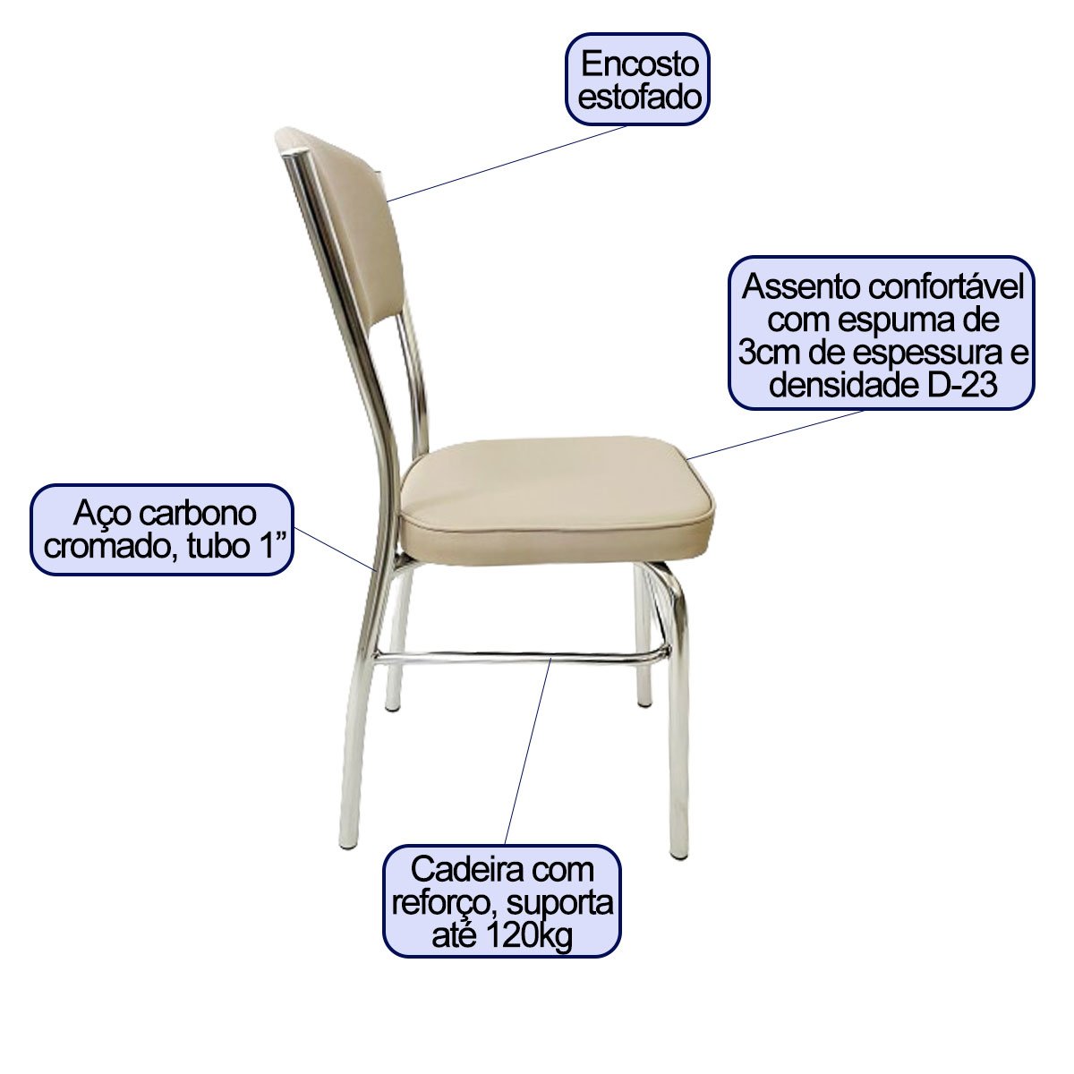 Conjunto 6 Cadeiras Cozinha Reforço Cromada Assento Grosso Confortável Encosto Estofado Cor Fendi Po - 2