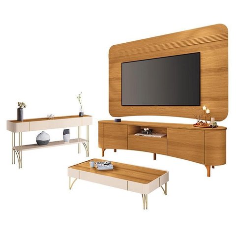 Rack Bancada Elara e Painel Armony Cinamomo com Mesa de Centro Cadenza e Aparador Vivant Off White