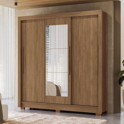 Guarda-Roupa 3 Portas Correr 2 Gavetas com Espelho Maringá Marrom/Jatoba