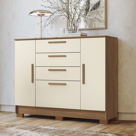Cômoda para Quarto 4 Gavetas e 2 Portas Pinhais Bege/Jatobá/Areia