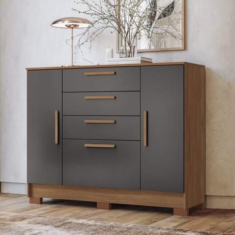 Cômoda 2 Portas 4 Gavetas Pinhais 105cm x 130,2cm x 42 cm Cinza/Jatobá/Grafite