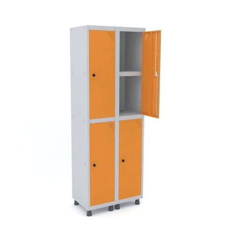 Armário Locker 2 Colunas 4 Portas com Prateleira Central com Pitão para Cadeado Cinza/Laranja Picasso